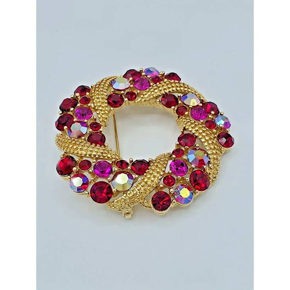 Lisner Wreath Brooch Vintage Crystal Red Aurora Borealis Retro Swirl Estate Pin